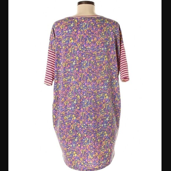 Lularoe Irma Tunic Top Purple Floral Pink Stripe Sleeve - Picture 2 of 10